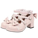 LUXMAX Women Cosplay Shoes Cross Strap Block Heel Mary Jane Lace Pumps, Size 7 M US,Pink