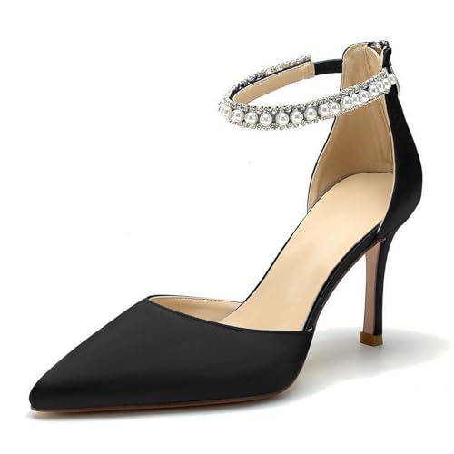Image of Pointed Toe Pearl Wedding Shoes for Bride White High Heels Satin Bridal Shoes Zipper Back Evening Party Dance Dresses Shoes Pumps for Women