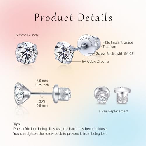 Limerencia G23 Titanium Screw Backs Earrings White Cubic Zirconia Studs 20G Hypoallergenic Piercing Post Studs First Holy Communion Gifts for Girls Sensitive Ears3