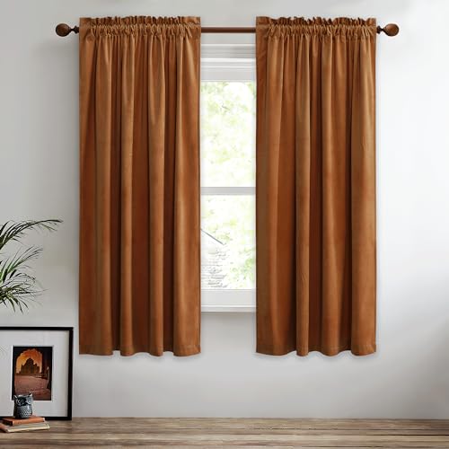 StangH Fall Burnt Orange Velvet Curtains Rod Pocket Room Darkening Drapes for Bedroom, Solid Blackout Energy Efficient Panels for Kitchen Window/Nursery, W52 x L63, 2 Panels
