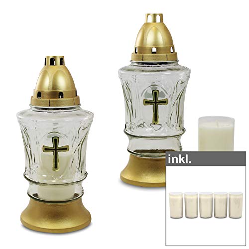 OLShop AG 2er Pack Glas Grablampen Kreuz weiß mit Ölkompolicht und Deckel inkl. 5er Pack Ersatzlichter, Grablicht, Grabkerze, Grableuchte, Grablaterne, Grabschmuck, Trauerlicht