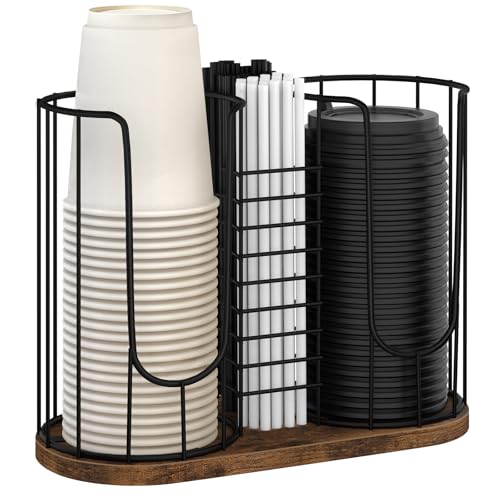 BCOZLUX Coffee Cup Holder 18oz 3-Compartment Paper Cup Dispenser Rack with Wood Base - Disposable Cup Straw & Lid Organizer 3-in-1 Storage for Countertop Coffee Bar Kitchen Office
