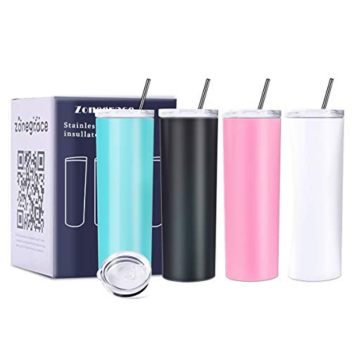 Zonegrace 4 Pack Mix Color Skinny Tumbler with straws,Double wall stainless Steel slim Insulated Water Tumbler With Lid , Bulk 20 oz tumbler cups with silicone bottom,Great Gift for Men and Women
