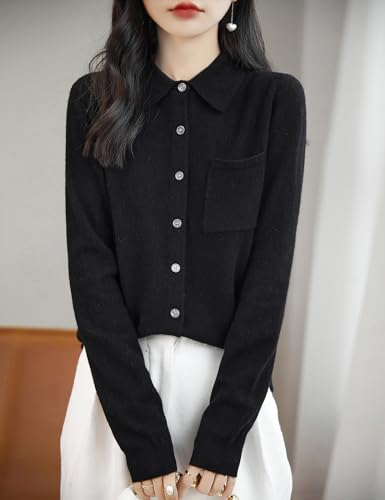 Women's Polo Neck 100% Merino Wool Sweater 2025 Spring Basic Long Sleeve Knitted Cardigan Sweater with Pocket3