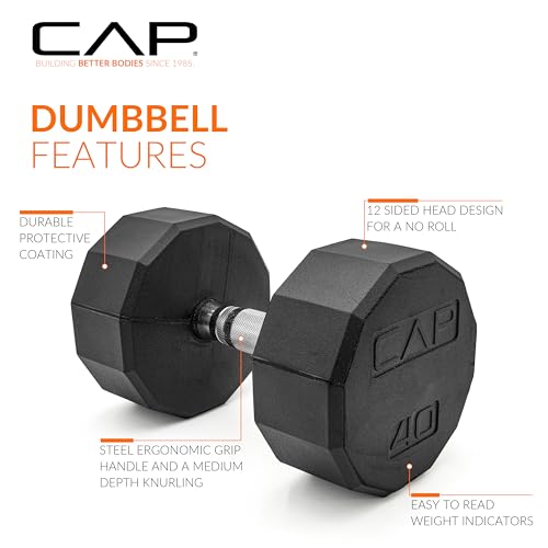 Image of CAP Rubber Coated Dumbbell Weights, Free Weights for Home Gym Strength Training, Anti-Roll Hex Dumbbells with Black, Chrome & Comfort Grip Handles, Singles