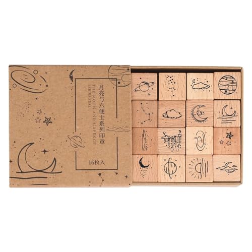 Namvo 16-teiliges Stempelset aus Holz, Mond und Stern, dekoratives Stempelset aus Holz, Universum, Planet, Stempel für DIY, Basteln, Kartenherstellung, Kalender