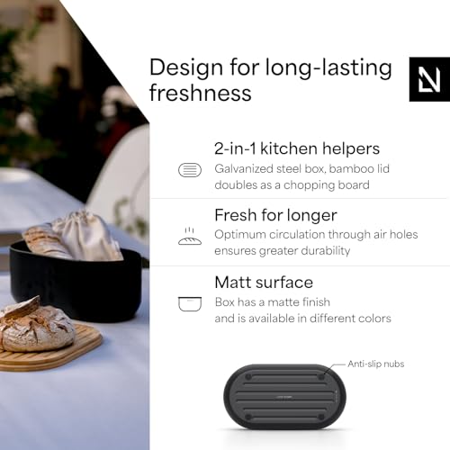Image of LARS NYSOM Bread Box I Metal bread box for long lasting freshness with non-slip pads I Baked goods Bin with bamboo lid usable as cutting board I 13.6x7.3x6.2in (Carbon Black)
