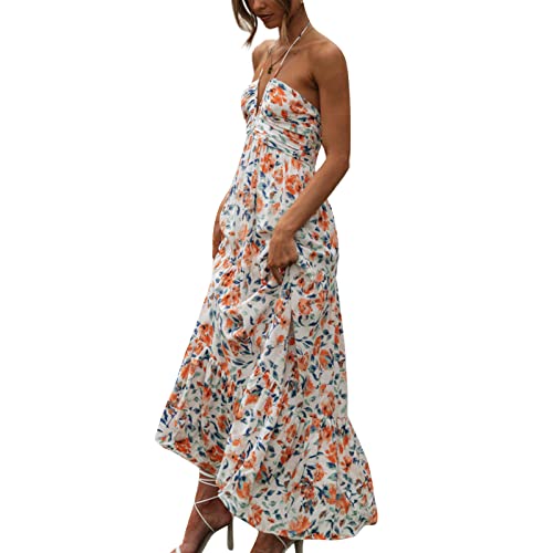 Image of Owl's-Yard Women Ruffle Spaghetti Strap Dress Sexy Backless Tiered Flowy Sundresses Boho Beach Long Dress Clubwear (M-02, XL)