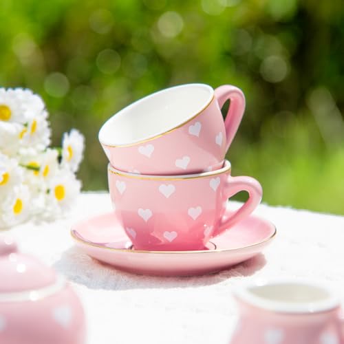 Image of TUZT Tea Party Set for Little Girls Ages 3-8, Pink Heart Porcelain Tea Set with Gold Trim Edges, Princess Tea Time Toy Includes Pot & Cups & Saucers & Suitcase, Birthday Gifts for Toddlers Girls