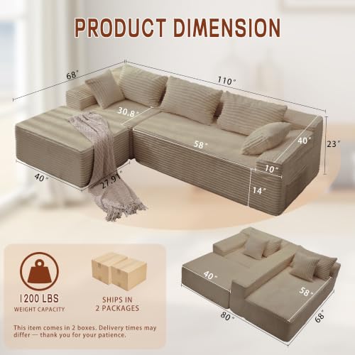 Image of Korser 108 inch L-Shaped Modular Sectional Sofa with Chaise, Boneless Comfy Corduroy Fluffy Couch with Deep Seat and Side Pockets, Flexible Module Combination for Living Room, No Assembly, Side Pockets