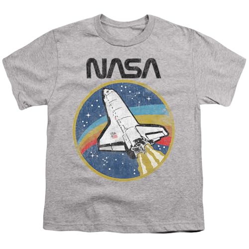 PopFunk Classic NASA Retro Space Shuttle Youth/Big Kids 7+ Years Unisex Boy Girl Short Sleeve Graphic T-Shirt & Stickers (Medium) Heather Gray