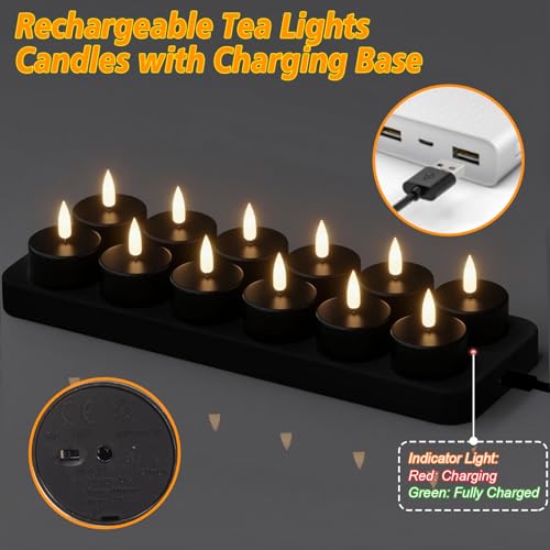 Image of GenSwin 12 Rechargeable Tea Lights Candles with Charging Base and Remote Timer, Flameless LED Tealight Candles Battery Operated Halloween Fall Wedding Table Centerpieces (Black, 1.57 inch x 1.85 inch)
