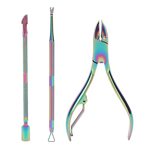 Professional Cuticle Pusher Scraper Set Stainless Steel 3pcs, Nail Polish Remover, Manicure Tools for Women (Rainbow Color)