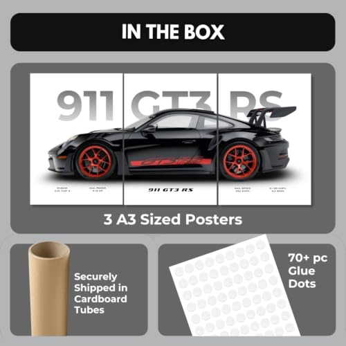 Image of Funk You Store Porche 911 GT3 RS Poster Split Design Car Posters | 3 A3 Sized Cars Poster for Wall | Large Size (89 x 42 cm) Porche Wall Decor | 911 Car Posters for Room | Supercar (B 048)