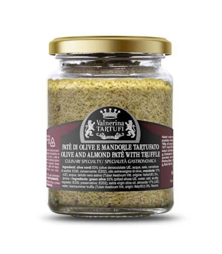Valnerina Tartufi Patè di Olive e Mandorle Tartufato | Salsa per Bruschette e Antipasti, Sugo Pronto Condimento per Pasta con Tartufo Nero Estivo | Specialità Gastronomica | Vasetto 90 gr.
