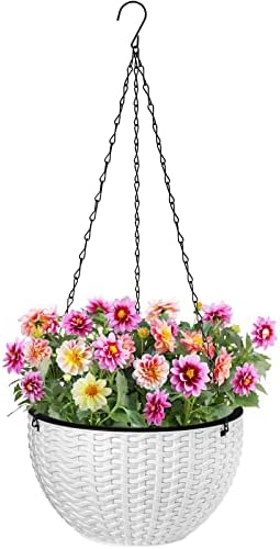 Foraineam 10.2 Inch Dual-pots Design Hanging Basket Planters Self-Watering Indoor Outdoor Hanging Flower Plant Pot with Drainer and Chain (White)