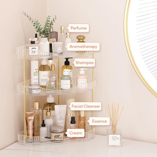 Image of Lifewit 3-Tier Corner Bathroom Counter Organizer, Plastic Makeup Skincare Organizers Storage Countertop, Large Sink Cosmetic Perfume Shelf for Bedroom, Dresser, Kitchen, Vanity, Clear, 39 cm /15inch(H)