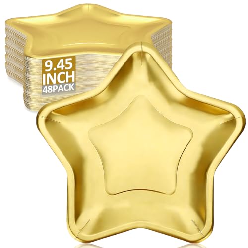 CLIYTICA 48Pcs Star Paper Party Plates 9.45 Inch Gold Disposable Thick Star Shaped Plate Pentagram Dinnerware Decorations for Graduation Independence Day Wedding Birthday Baby Shower