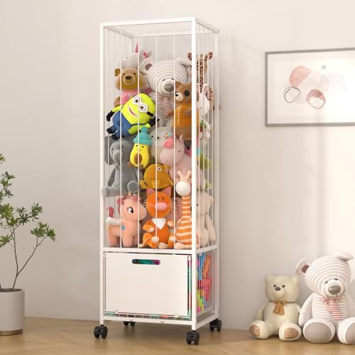 bukfen Metal Stuffed Animal Storage Zoo Extra Large Stuffed Animal Holder Space Save Toy Organizer PVC with Basket and Wheels for Nursery Playroom Bedroom,D15.75 x W12.60 x H51.96 inch,White