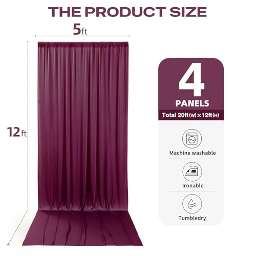 Image of 20ftx12ft Burgundy Backdrop Curtains for Parties, Wrinkle Free Polyester Burgundy Photo Backdrop Drapes 4 Panels 12 ft Long Back Drop Cloth for Wedding Birthday Photography Background Party