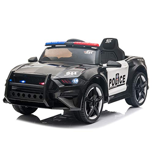 Winado 12V Kids Ride On Police Car, Electric Cop Car for Kids w/Remote Control, LED Siren Flashing Light, Music with USB & SD Interface, Siren & Microphone, Slow Start, Openable Doors, Black