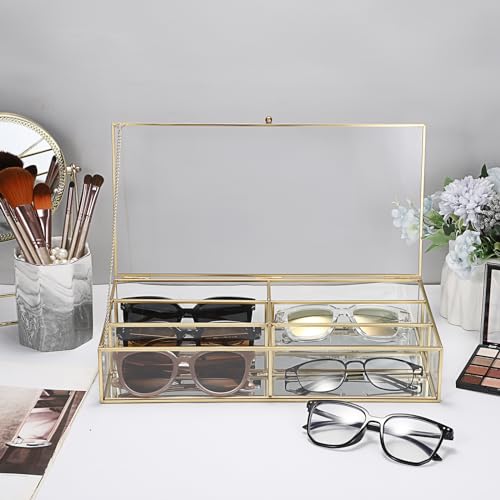 Hipiwe Sunglasses Organizer Case for Women Men, 6 Slot Clear Glass Eyeglasses Eyewear Display Case with lid, Clear Glass Mirrored Sunglasses Collection Holder Sunglass Glasses Storage Box - Thumbnail 2
