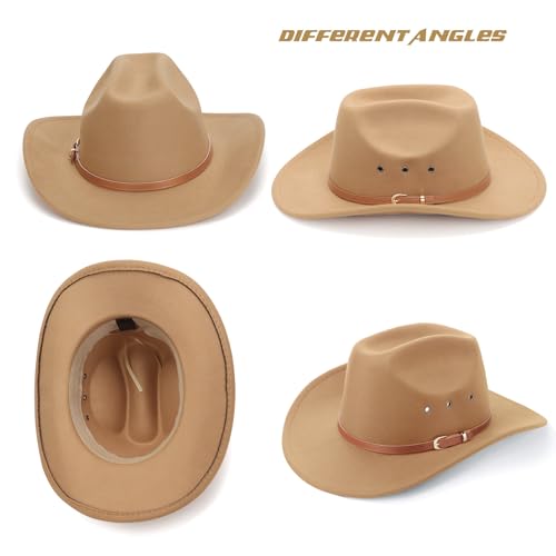 Image of DRESHOW Cowboy Hat for Women and Men Western Felt Cowboy Cowgirl Hat Wide Brim Belt Buckle Retro Fedora Hats Unisex Caps