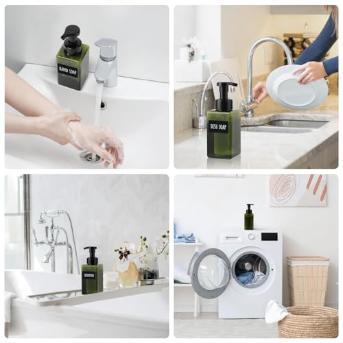 Image of Segbeauty 15.2oz Refillable Green Foaming Soap Dispenser for Bathroom with Labels, 2pcs Empty Foam Pump Bottle for Shampoo Face Wash Container, 450ml Plastic Square Liquid Hand Soap Dispensers Kitchen