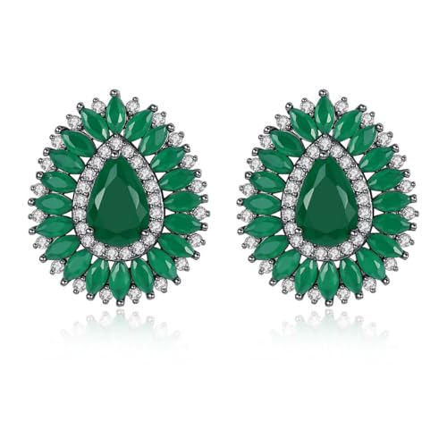 14K Gold Teardrop Shaped Emerald Studs For Women, Moissanite Halo Stud Earrings, Vintage Jewelry for Evening Party