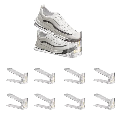 SUSOO 8 Pcs Double Shoe Slot Organizer, Adjustable Highth Shoe Stacker for Pair of Shoes, 50% Space-Saving Double Deck Shoe Rack Holder, Thickening Stability Clear Shoe Organizer for Closet Storage