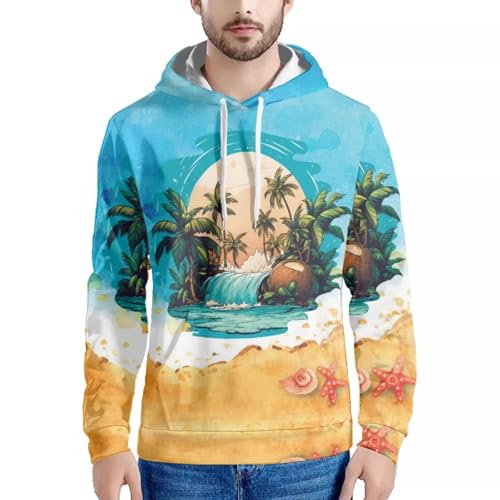 Image of Forchrinse Green Palm Tree Sea Beach Mens Hoodies Pullover Long Sleeve Fleece Hoodie Cozy Sport Casual Outwear