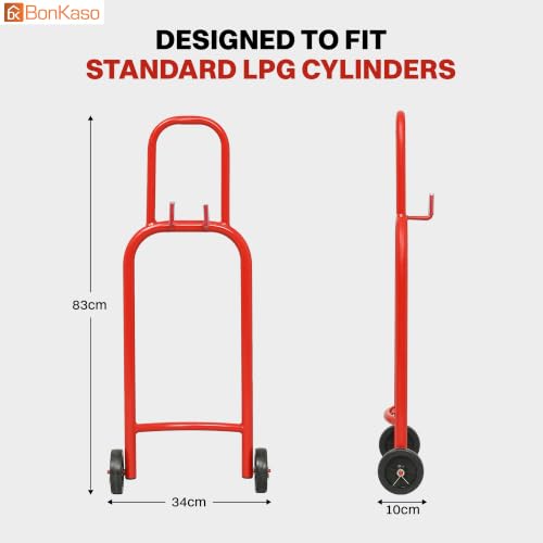 Image of Bonkaso Gas Cylinder Trolley with Handle for LPG Cylinder, Heavy-Duty Alloy Steel Hand Truck with 2 Fixed 100 mm Wheels, 70 kg Capacity, Powder-Coated Red Finish for Home & Commercial Use