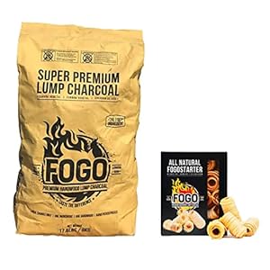 FOGO Super Premium Hardwood Lump Charcoal, Natural Large Sized Lump Charcoal, 17.6 Pound Bag and FOGO Fogostarters Natural Fire Starters, 30 Count Box, Bundle
