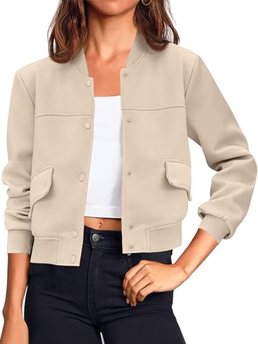 Tankaneo Womens Cropped Bomber Jackets Casual Button Down Long Sleeve Stand Collar Varsity Shacket Coats