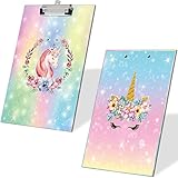 2 Pieces Girls Unicorn Clipboard Pink Clipboard for Kids Cute Hardboard with Low Profile Clip...
