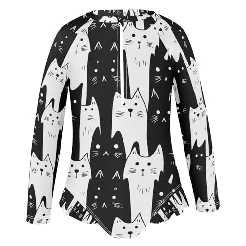 ALAZA White Black Cat Cartoon Girls One Piece Swimsuit Long Sleeve Rash Guard Swimsuits UV 50+ Swimwear Zipper2