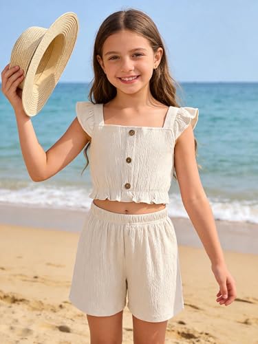 Image of Girl's Summer Clothing Sets Knit Ruffle Striped T-Shirt and Shorts 2 Piece Outfits