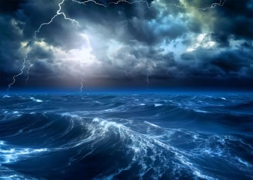 XMJJKUF 10x8ft Ocean Waves Lighting Photography Backdrop Summer Stormy Sea Sky Clouds Thunder Illuminated VBS 2026 Background Nature Scenery Summer Adult Kid Party Decor Photoshoot Props