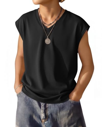 Custoneei Boys Tank Tops 5-14Y Kids V Neck Cap Sleeve T Shirts Child Sleeveless Soft Athletic Casual Vest Summer Basic Tees(13-14 Years,Black)