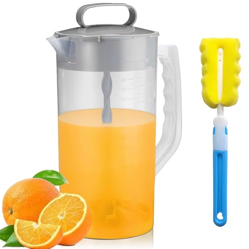 Mixing Pitcher for Drinks with Lid-Wide Mouth Juice Pitcher Includes Plastic Blades & Adjustable Mixer Plunger Comes with Cleaning Sponge Brush Perfect for Juice Tea Milk Lemonade (2.1qt/67.6oz)