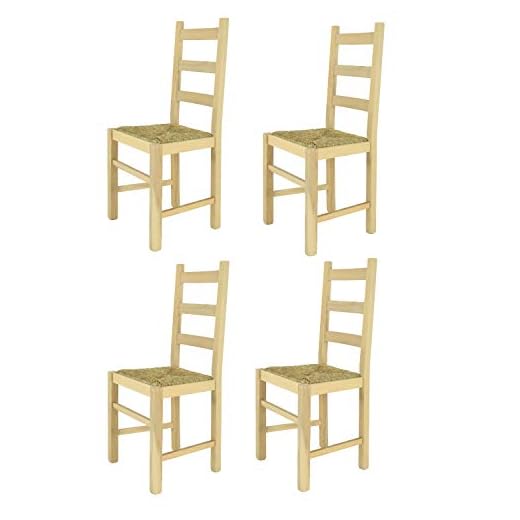 Tommychairs - Set 4 chaises RUSTICA pour la cuisine, bar et la salle à manger, avec une solide structure en bois de hêtre poli, non traité, 100% naturel et assise en paille