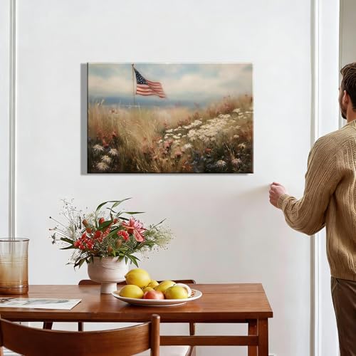 Image of RIBNTAK Vintage American Flag Canvas Wall Art, Rustic Field Landscape Artwork Print for 4th of July Decorations, Patriotic Decor Collection Perfect for Independence Day Bedroom Home Decor