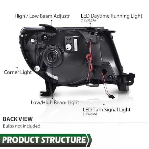 Image of GRAND ORANGE LED DRL Headlights Assembly Fit Toyota Tacoma 2005-2011 | Tube Halo Projector Headlamps,Smoke Lens Black Housing Clear Reflector,Driver & Passenger Side,Weather-Resistant