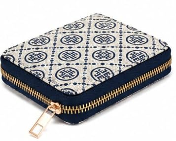 Beige and Navy Zip Wallet with Geometric Monogram Pattern-image-34
