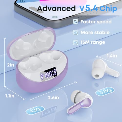 Image of Wireless Earbuds, Bluetooth 5.3 Headphones HiFi Stereo 50H Playback LED Digital Display Ear Buds with ENC Noise Canceling Headset, IPX7 Waterproof Earphones for Gym /Running /Work(Light Purple)