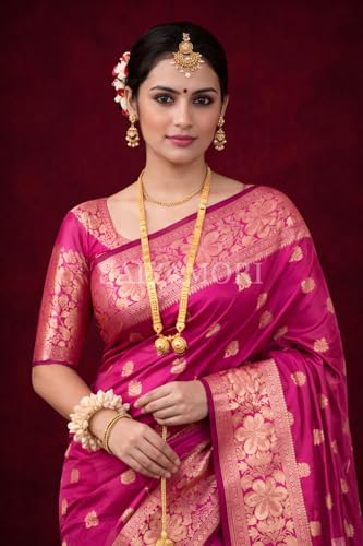 Image of Women's Soft Silk Style Jacquard Saree with Rich Zari Woven Border & Pallu | 5.6 Mtr Saree with 0.8 Mtr Unstitched Blouse