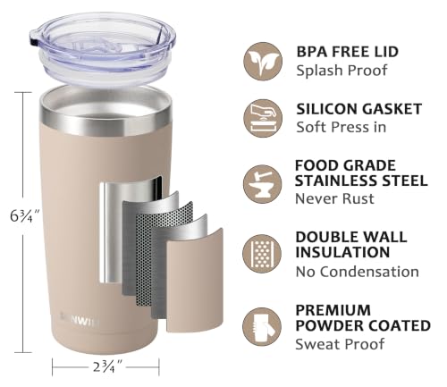 Image of SUNWILL Travel Coffee Tumbler 20 oz, Insulated Mug with Lid, Stainless Steel Cup for Outdoor, Powder Coated Taupe