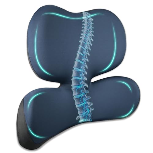Image of Memory Foam Seat Cushion,Office Chair Cushion with Lumbar Support for Back Pressure Relief, Car Seat Cushion with Adjustable Strap,Sciatica Pad Cushions for Car,Truck, Desk (Navy Yk)
