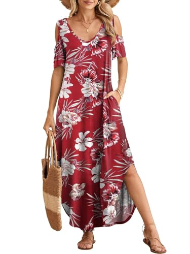 Image of BELAROI Womens Cold Shoulder Maxi Dress Plus Size V Neck Summer Sundresses with Pockets Beach Coverup Vacation Outfits