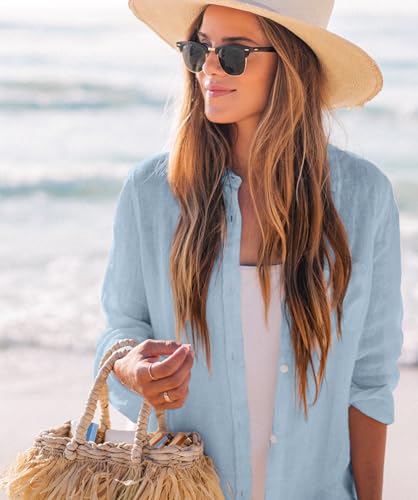 Image of Zoye Chen Women's Bikini Swimsuit Cover Up Button Down V Neck Shirts Long Sleeve Blouse Beachwear Bathing Suit